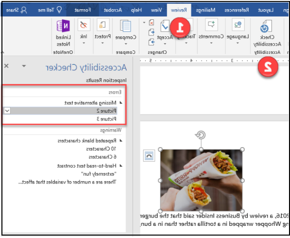 Steps to check accessibility in MS Word.